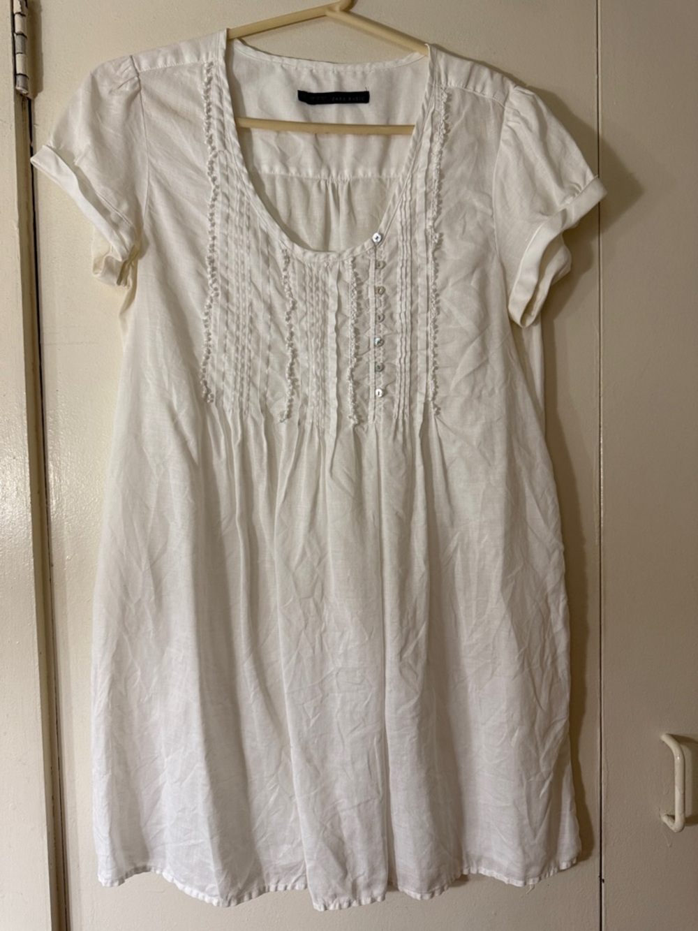 Zara White Short Sleeve Mini Dress with Pintuck & Button Detail